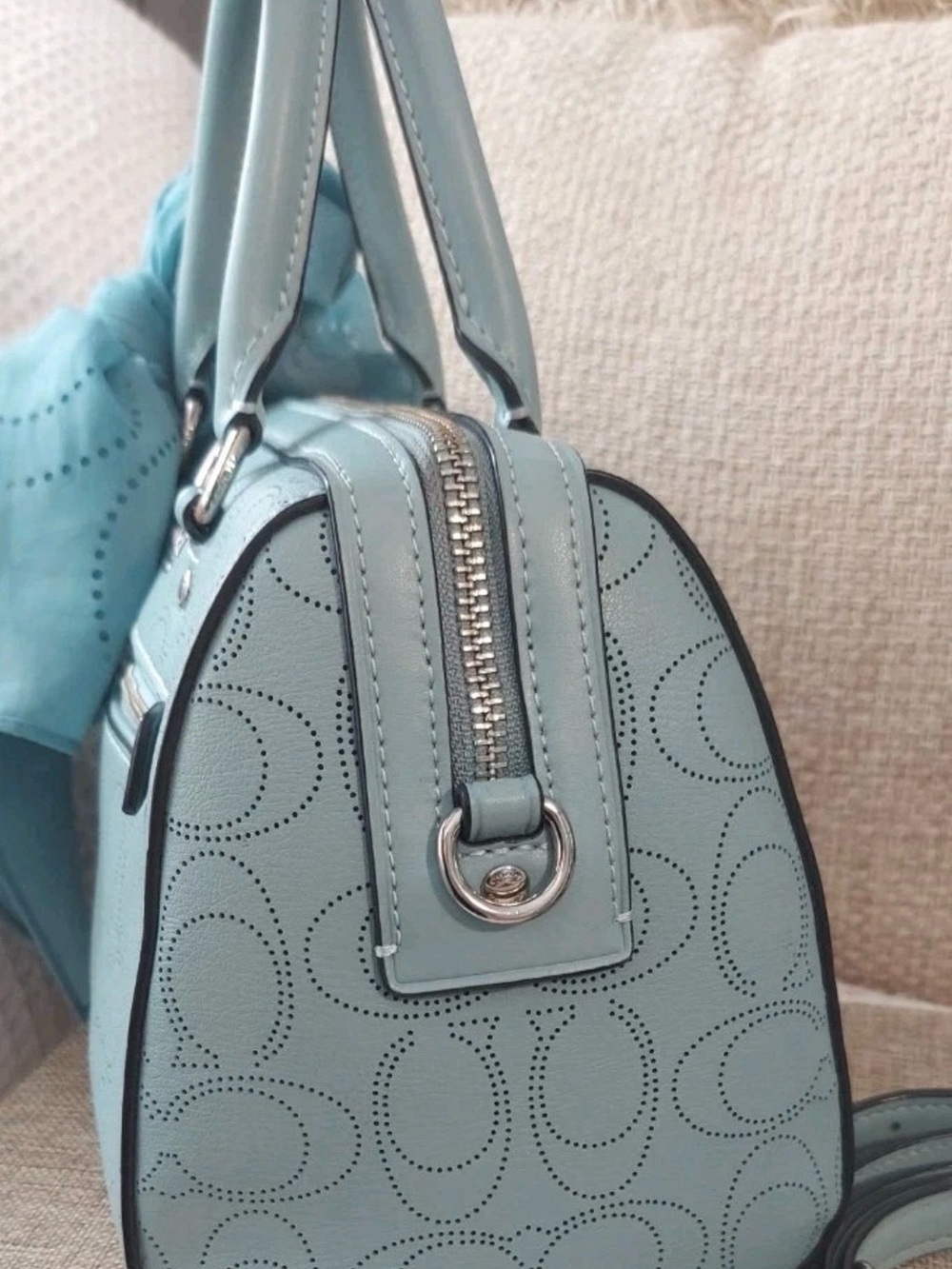 Coach Rowan Sky Blue Perforated Leather Bag with Scarf Accent - Picture 8 of 16